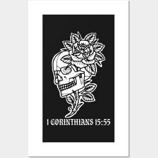 Skull with flowers 1 Corinthians 15:55 Tattoo Flash Posters and Art